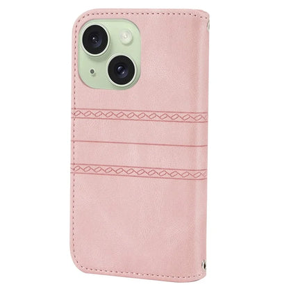 For iPhone 15 Case Imprinted PU Leather Stand Wallet Anti-scratch Phone Shell with Strap