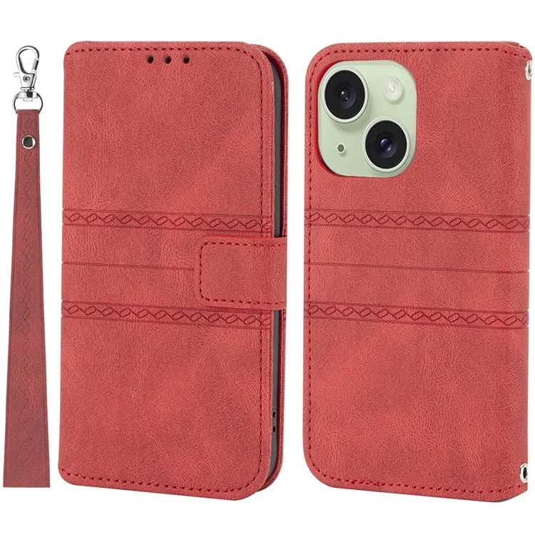 For iPhone 15 Case Imprinted PU Leather Stand Wallet Anti-scratch Phone Shell with Strap