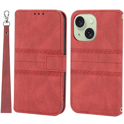 For iPhone 15 Case Imprinted PU Leather Stand Wallet Anti-scratch Phone Shell with Strap