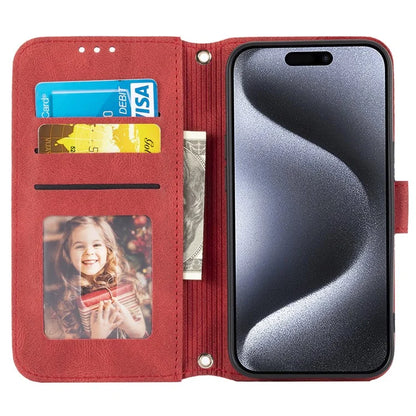 For iPhone 15 Case Imprinted PU Leather Stand Wallet Anti-scratch Phone Shell with Strap