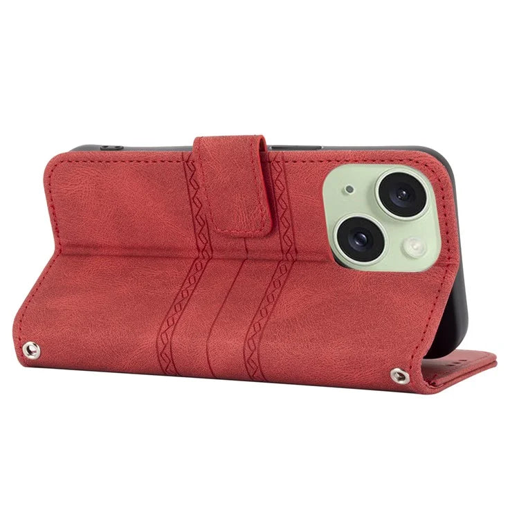 For iPhone 15 Case Imprinted PU Leather Stand Wallet Anti-scratch Phone Shell with Strap