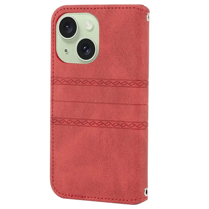 For iPhone 15 Case Imprinted PU Leather Stand Wallet Anti-scratch Phone Shell with Strap