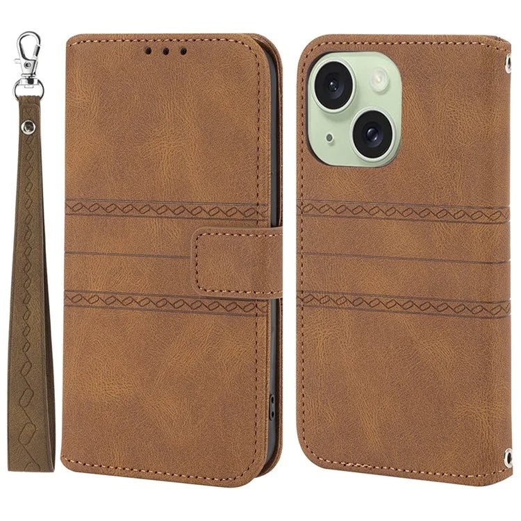 For iPhone 15 Case Imprinted PU Leather Stand Wallet Anti-scratch Phone Shell with Strap