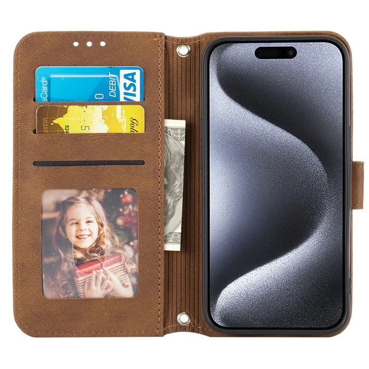 For iPhone 15 Case Imprinted PU Leather Stand Wallet Anti-scratch Phone Shell with Strap