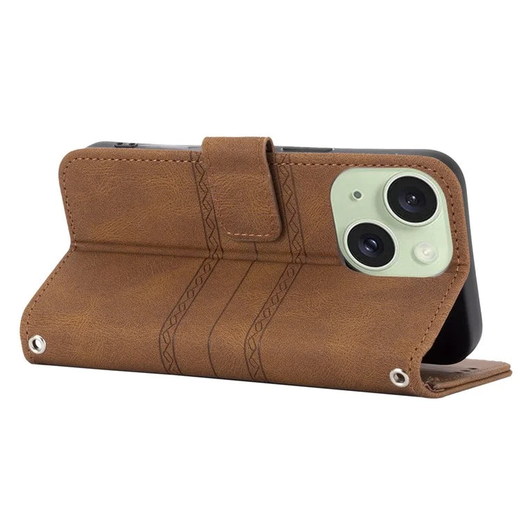 For iPhone 15 Case Imprinted PU Leather Stand Wallet Anti-scratch Phone Shell with Strap