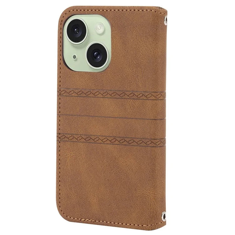 For iPhone 15 Case Imprinted PU Leather Stand Wallet Anti-scratch Phone Shell with Strap