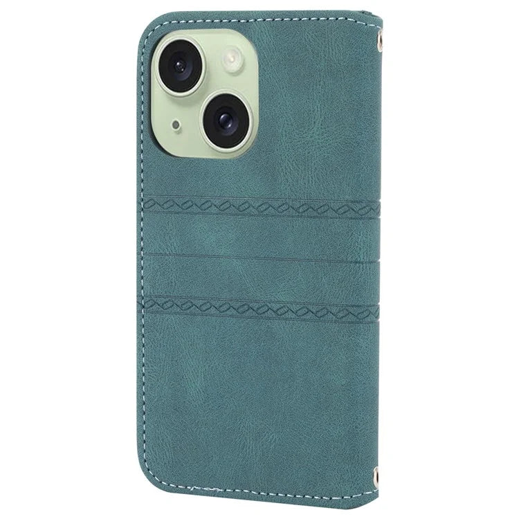 For iPhone 15 Case Imprinted PU Leather Stand Wallet Anti-scratch Phone Shell with Strapish Green