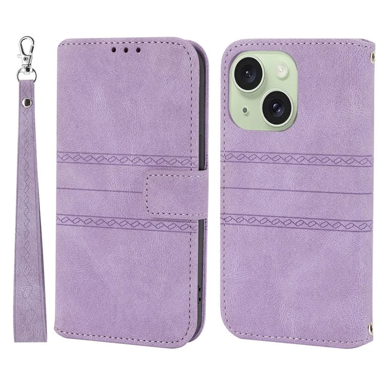 For iPhone 15 Case Imprinted PU Leather Stand Wallet Anti-scratch Phone Shell with Strap