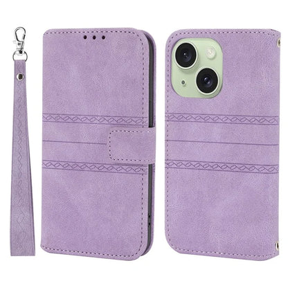 For iPhone 15 Case Imprinted PU Leather Stand Wallet Anti-scratch Phone Shell with Strap