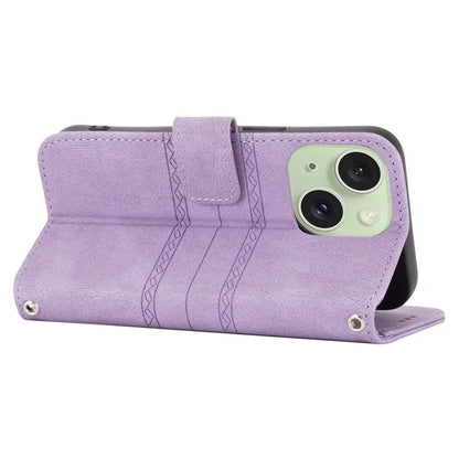 For iPhone 15 Case Imprinted PU Leather Stand Wallet Anti-scratch Phone Shell with Strap