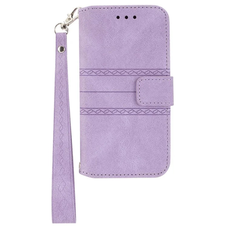 For iPhone 15 Case Imprinted PU Leather Stand Wallet Anti-scratch Phone Shell with Strap