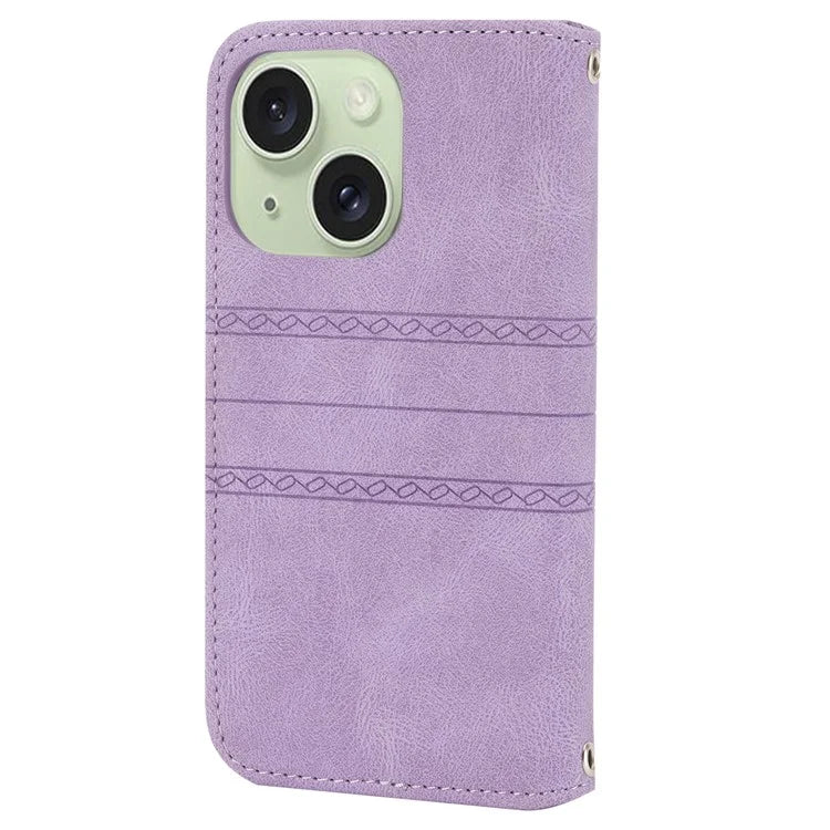 For iPhone 15 Case Imprinted PU Leather Stand Wallet Anti-scratch Phone Shell with Strap