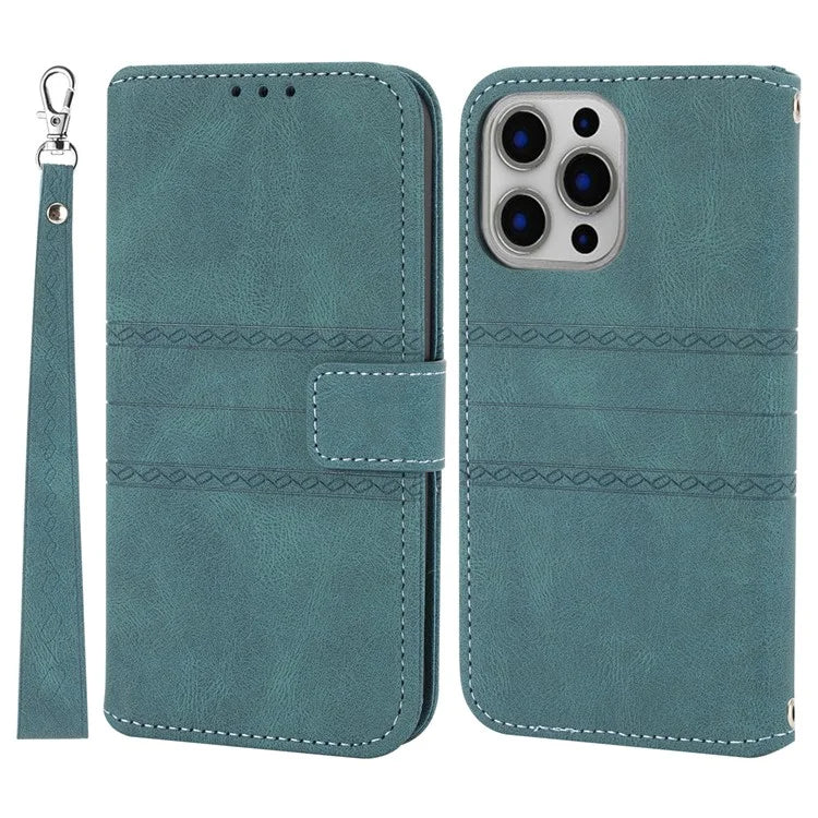 For iPhone 15 Pro Case Imprinted PU Leather Wallet Stand Phone Cover with Strap