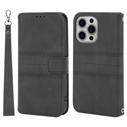 For iPhone 15 Pro Case Imprinted PU Leather Wallet Stand Phone Cover with Strap