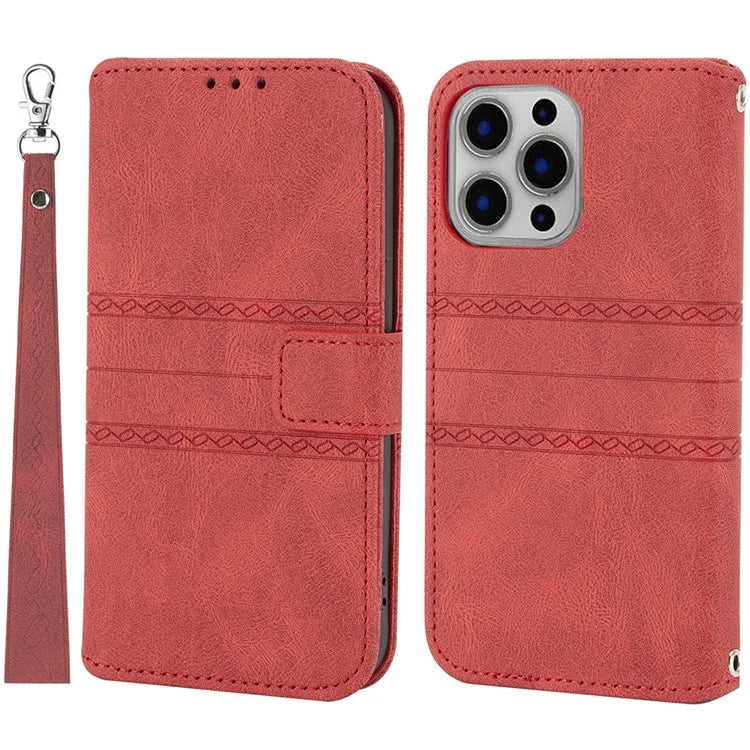 For iPhone 15 Pro Case Imprinted PU Leather Wallet Stand Phone Cover with Strap