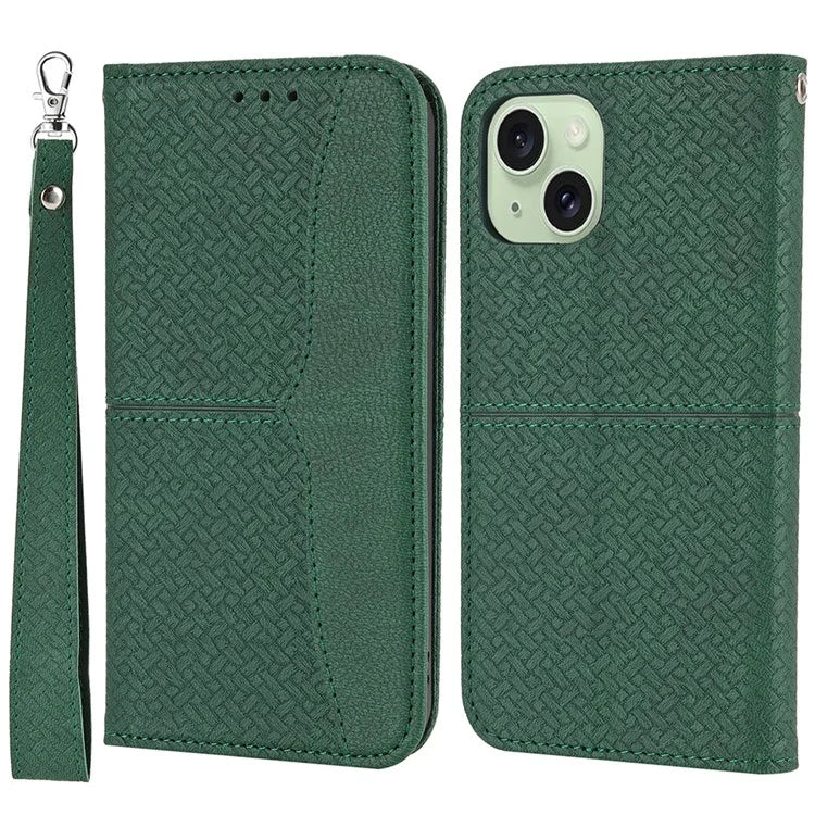 For iPhone 15 Case Drop-proof Leather Wallet Stand Phone Cover with Strap