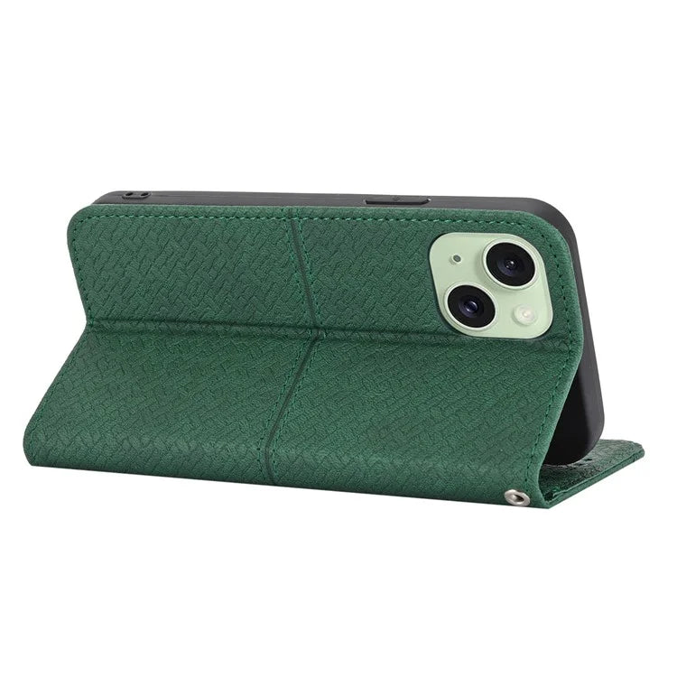 For iPhone 15 Case Drop-proof Leather Wallet Stand Phone Cover with Strap