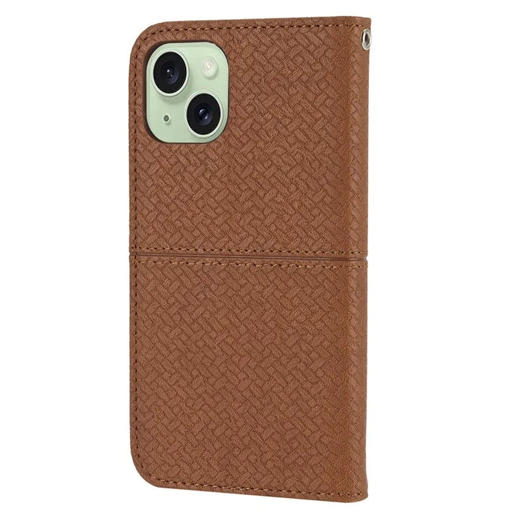 For iPhone 15 Case Drop-proof Leather Wallet Stand Phone Cover with Strap