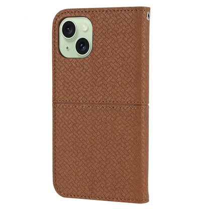 For iPhone 15 Case Drop-proof Leather Wallet Stand Phone Cover with Strap
