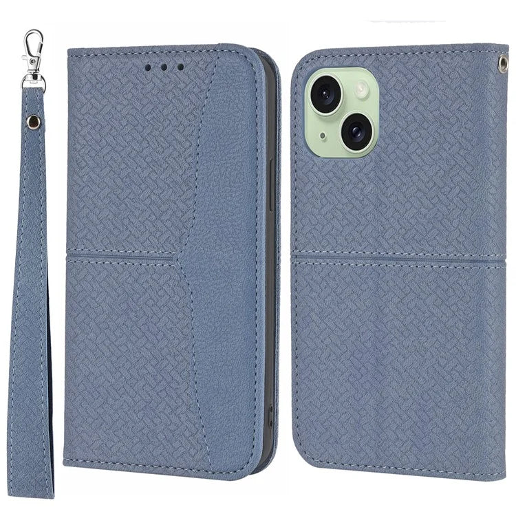 For iPhone 15 Case Drop-proof Leather Wallet Stand Phone Cover with Strap
