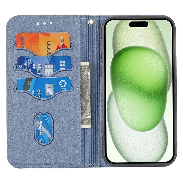 For iPhone 15 Case Drop-proof Leather Wallet Stand Phone Cover with Strap