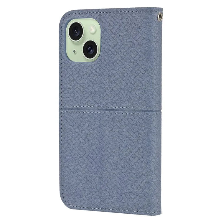 For iPhone 15 Case Drop-proof Leather Wallet Stand Phone Cover with Strap