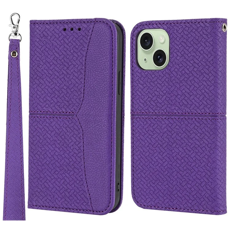 For iPhone 15 Case Drop-proof Leather Wallet Stand Phone Cover with Strap