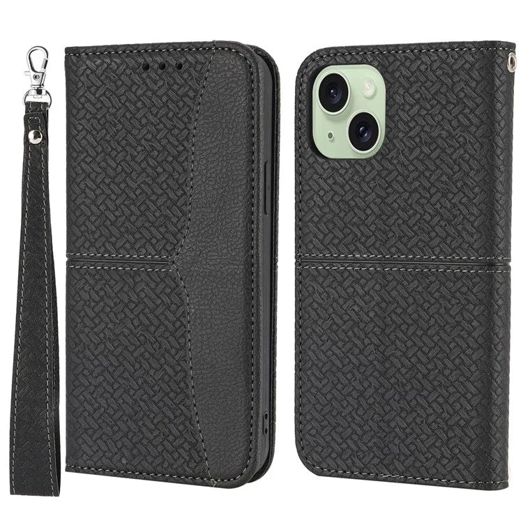 For iPhone 15 Case Drop-proof Leather Wallet Stand Phone Cover with Strap
