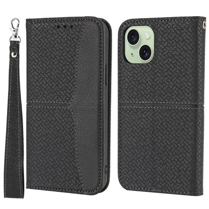 For iPhone 15 Case Drop-proof Leather Wallet Stand Phone Cover with Strap