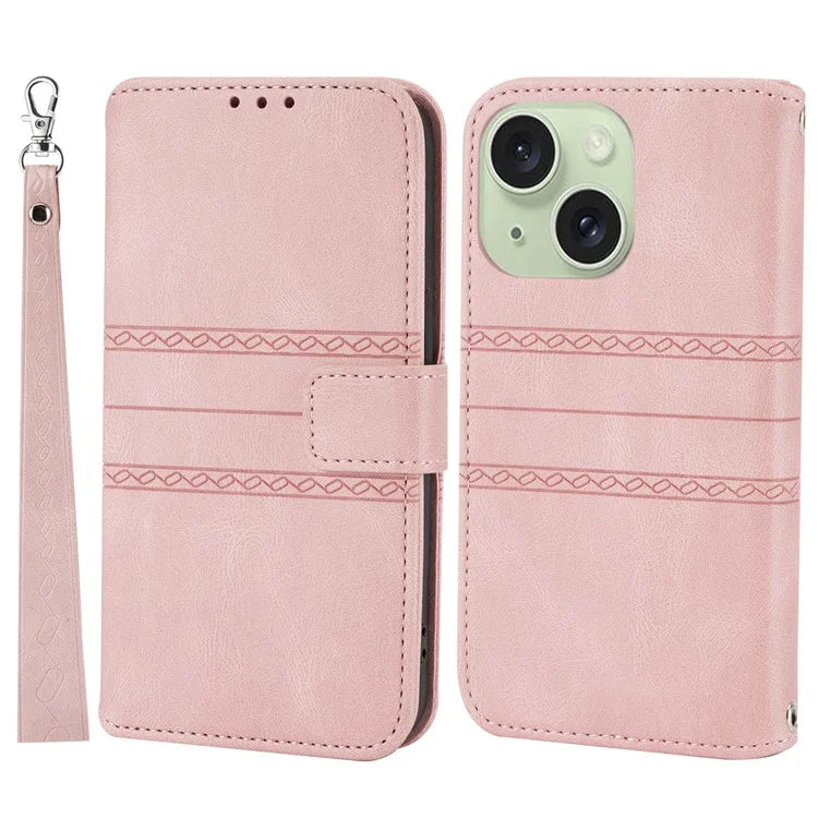 For iPhone 15 Plus Case Imprinted PU Leather Wallet Anti-drop Phone Cover with Strap