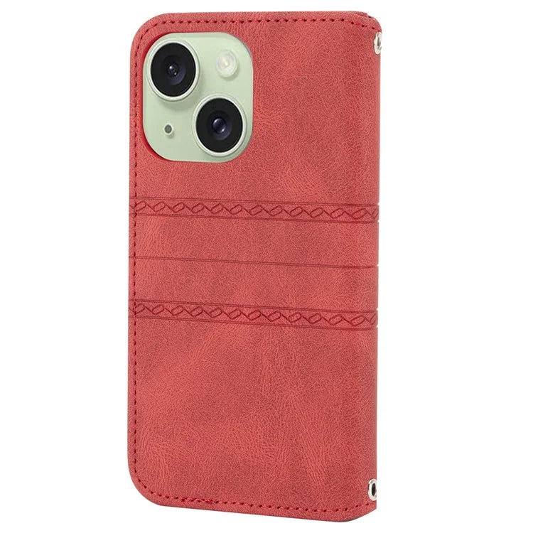 For iPhone 15 Plus Case Imprinted PU Leather Wallet Anti-drop Phone Cover with Strap