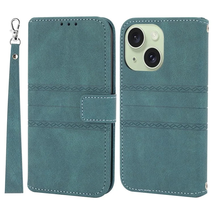 For iPhone 15 Plus Case Imprinted PU Leather Wallet Anti-drop Phone Cover with Strapish Green