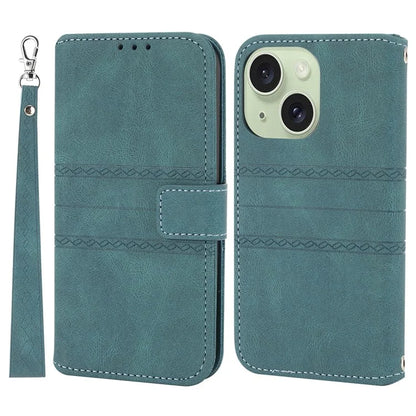 For iPhone 15 Plus Case Imprinted PU Leather Wallet Anti-drop Phone Cover with Strapish Green