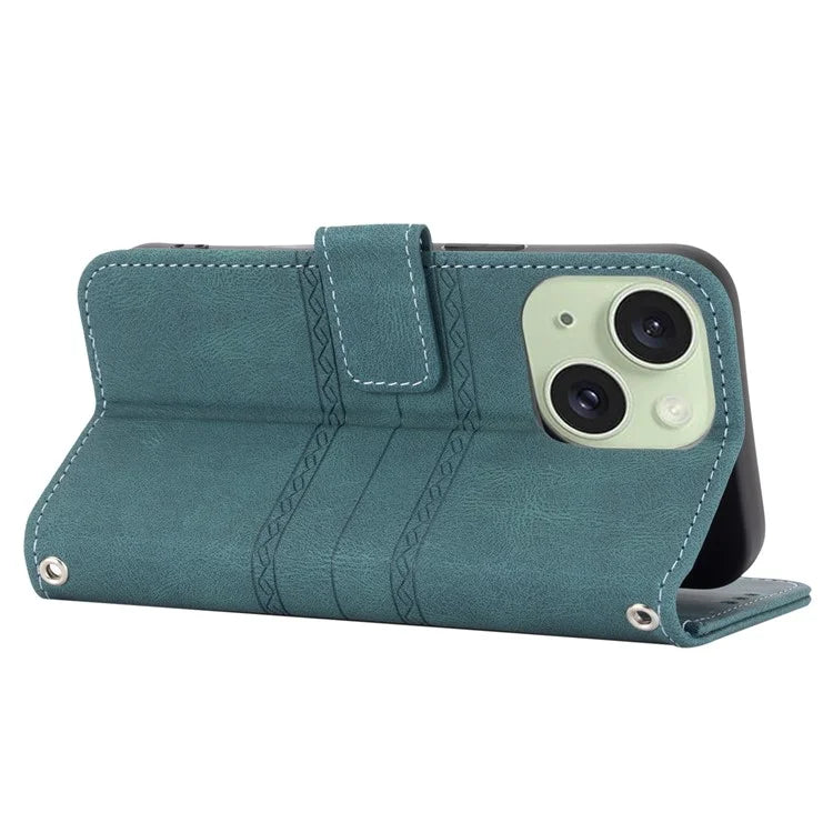 For iPhone 15 Plus Case Imprinted PU Leather Wallet Anti-drop Phone Cover with Strapish Green