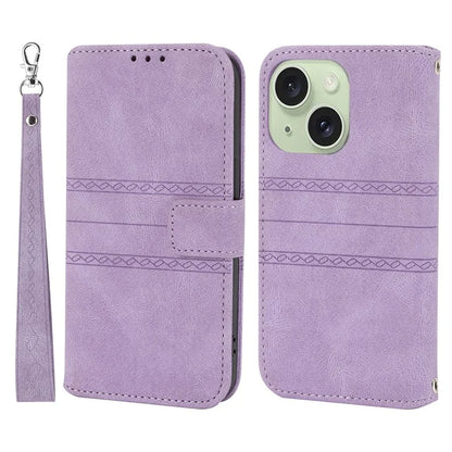 For iPhone 15 Plus Case Imprinted PU Leather Wallet Anti-drop Phone Cover with Strap