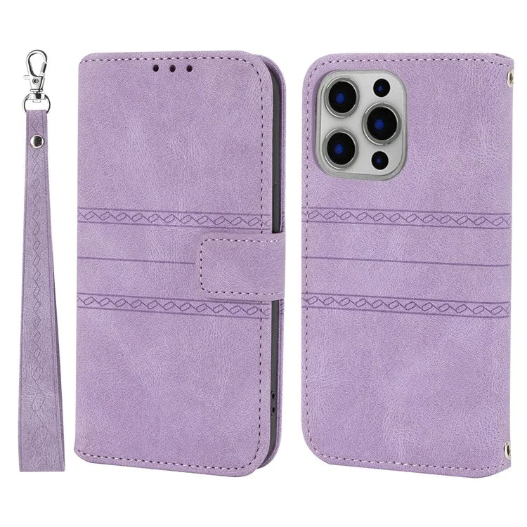 For iPhone 15 Pro Max Case Imprinted Leather Stand Shockproof Phone Shell with Strap