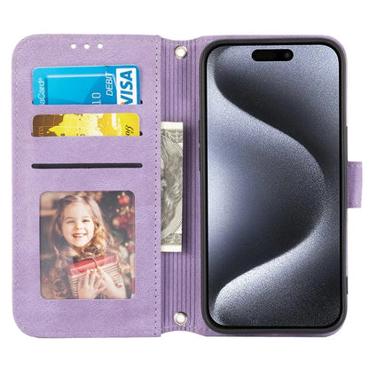 For iPhone 15 Pro Max Case Imprinted Leather Stand Shockproof Phone Shell with Strap