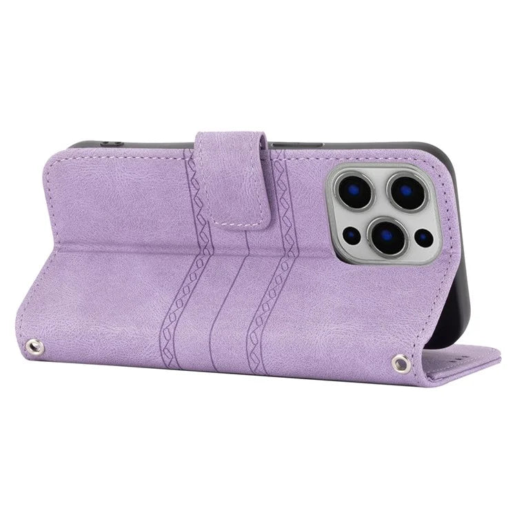 For iPhone 15 Pro Max Case Imprinted Leather Stand Shockproof Phone Shell with Strap