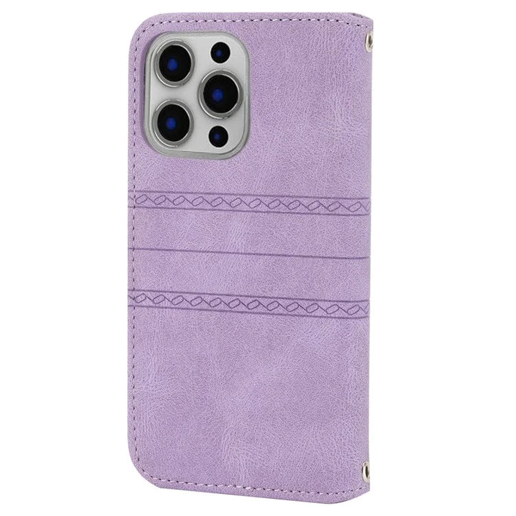 For iPhone 15 Pro Max Case Imprinted Leather Stand Shockproof Phone Shell with Strap