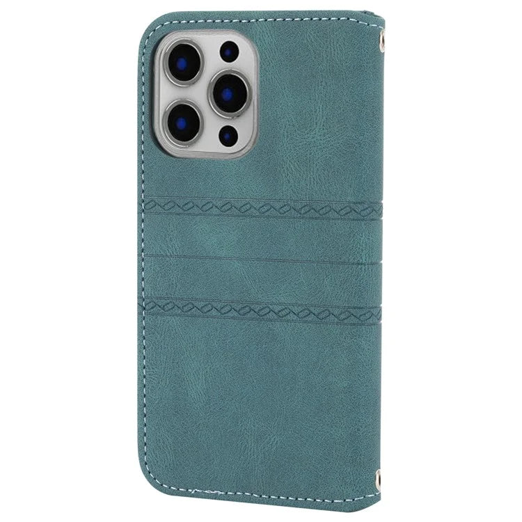 For iPhone 15 Pro Max Case Imprinted Leather Stand Shockproof Phone Shell with Strap