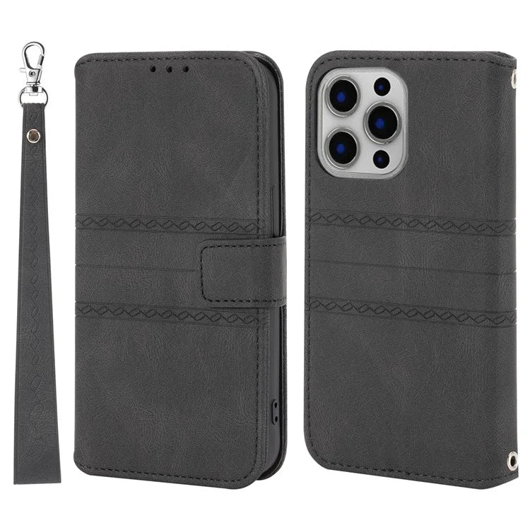For iPhone 15 Pro Max Case Imprinted Leather Stand Shockproof Phone Shell with Strap