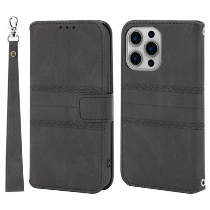 For iPhone 15 Pro Max Case Imprinted Leather Stand Shockproof Phone Shell with Strap