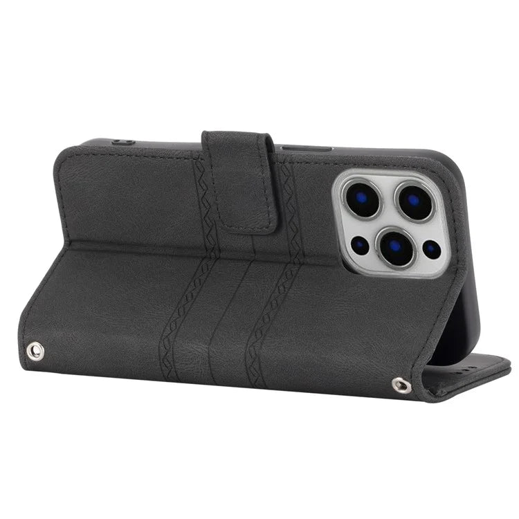 For iPhone 15 Pro Max Case Imprinted Leather Stand Shockproof Phone Shell with Strap