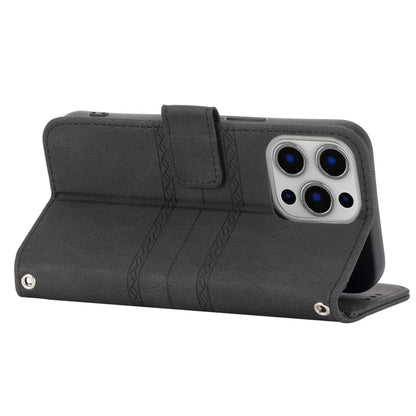 For iPhone 15 Pro Max Case Imprinted Leather Stand Shockproof Phone Shell with Strap