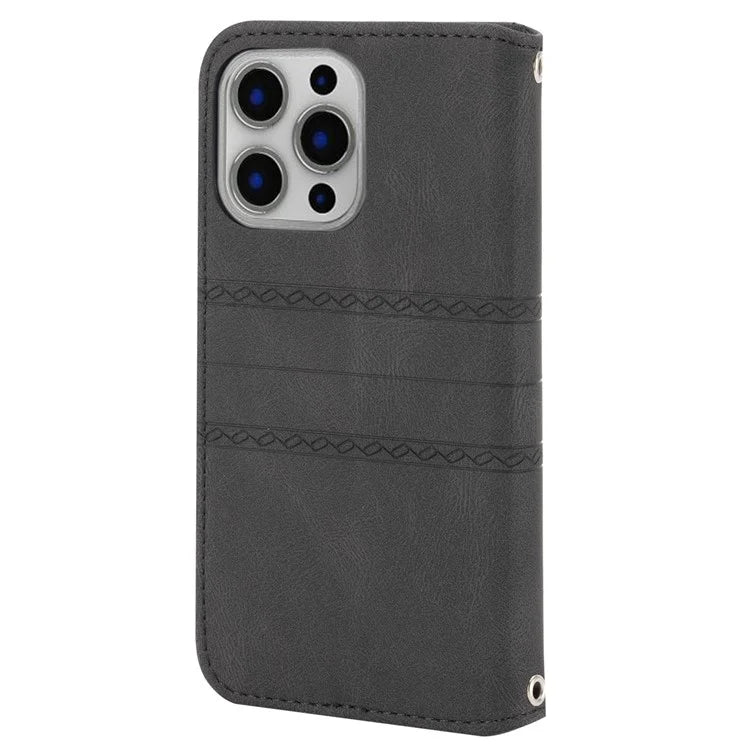 For iPhone 15 Pro Max Case Imprinted Leather Stand Shockproof Phone Shell with Strap