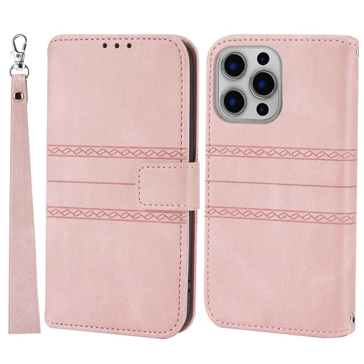 For iPhone 15 Pro Max Case Imprinted Leather Stand Shockproof Phone Shell with Strap