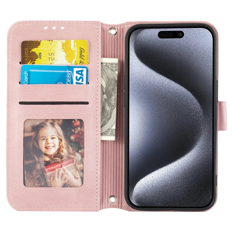For iPhone 15 Pro Max Case Imprinted Leather Stand Shockproof Phone Shell with Strap