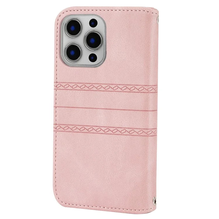 For iPhone 15 Pro Max Case Imprinted Leather Stand Shockproof Phone Shell with Strap