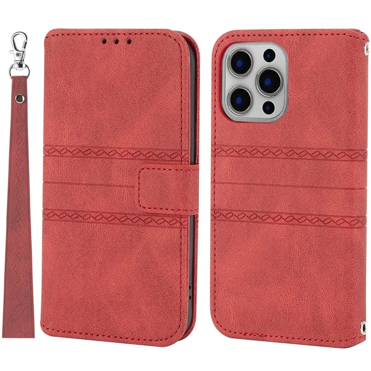 For iPhone 15 Pro Max Case Imprinted Leather Stand Shockproof Phone Shell with Strap