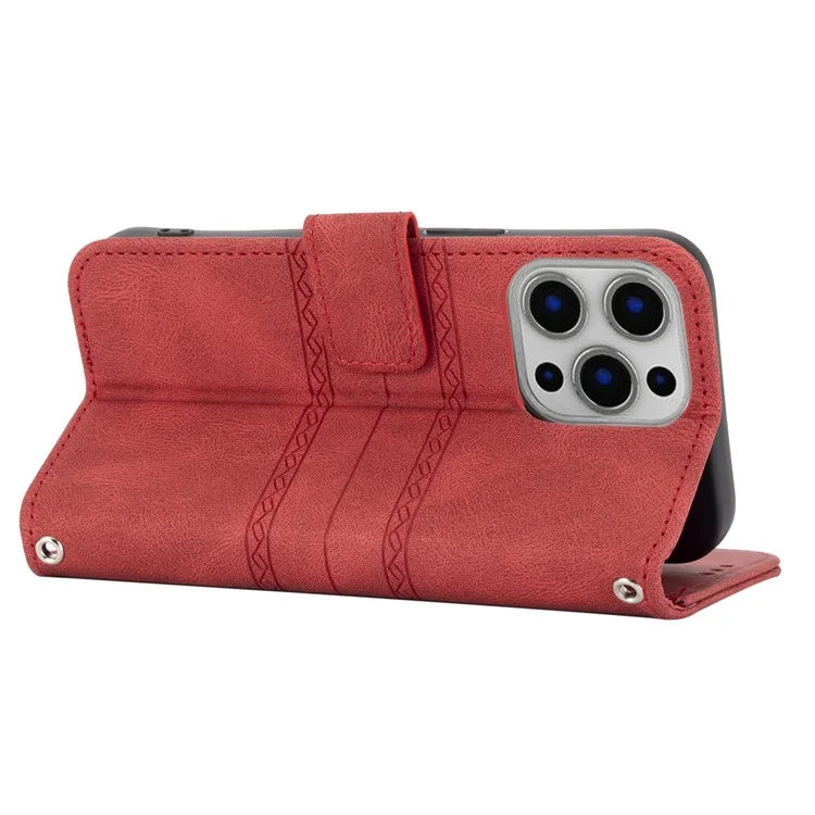 For iPhone 15 Pro Max Case Imprinted Leather Stand Shockproof Phone Shell with Strap